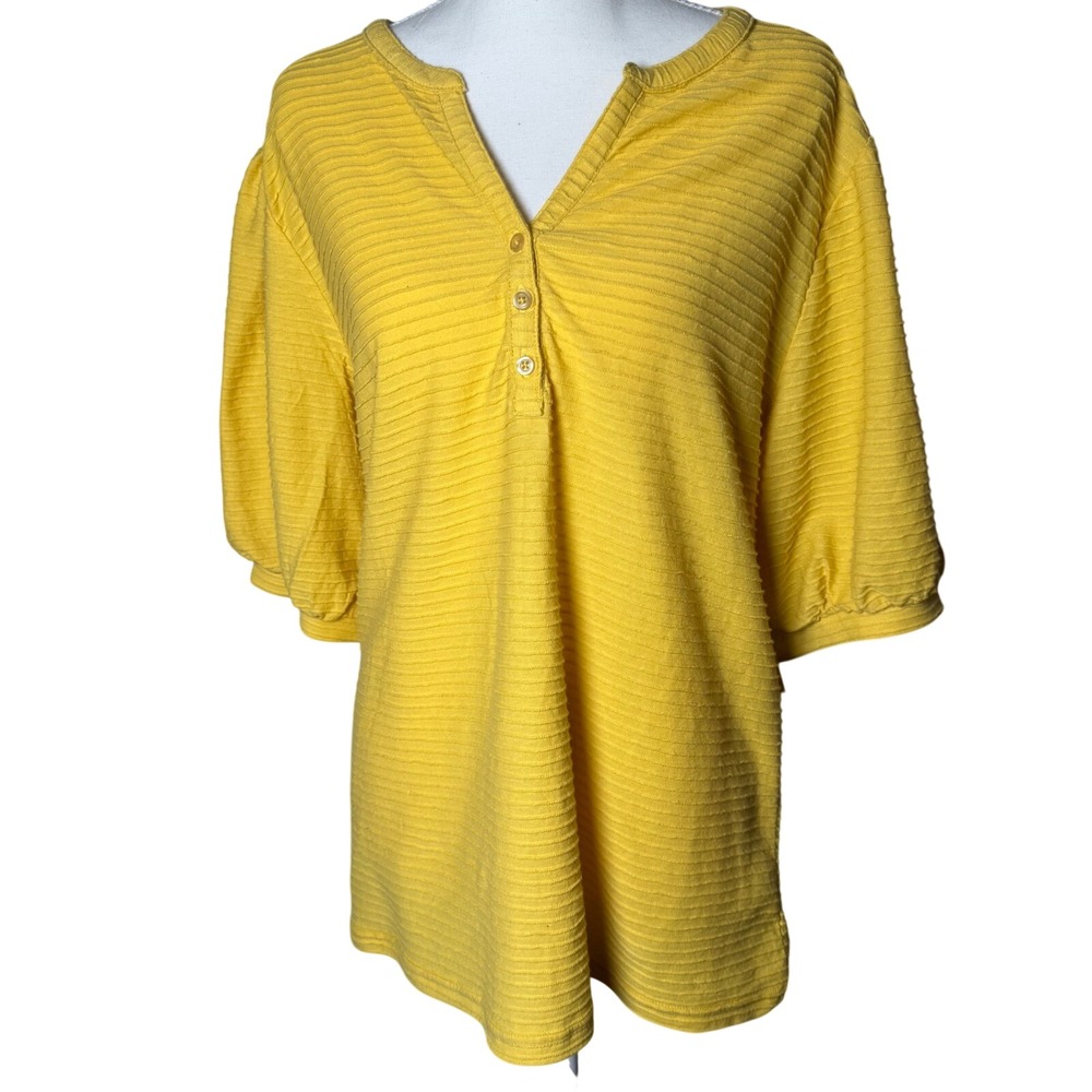 St Johns Bay Womens XL Yellow Textured Henley Puff Sleeve Cotton Top NWT